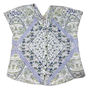 Lucky Brand Top L White Blue Floral Print V-Neck Button Front Boho Cottagecore